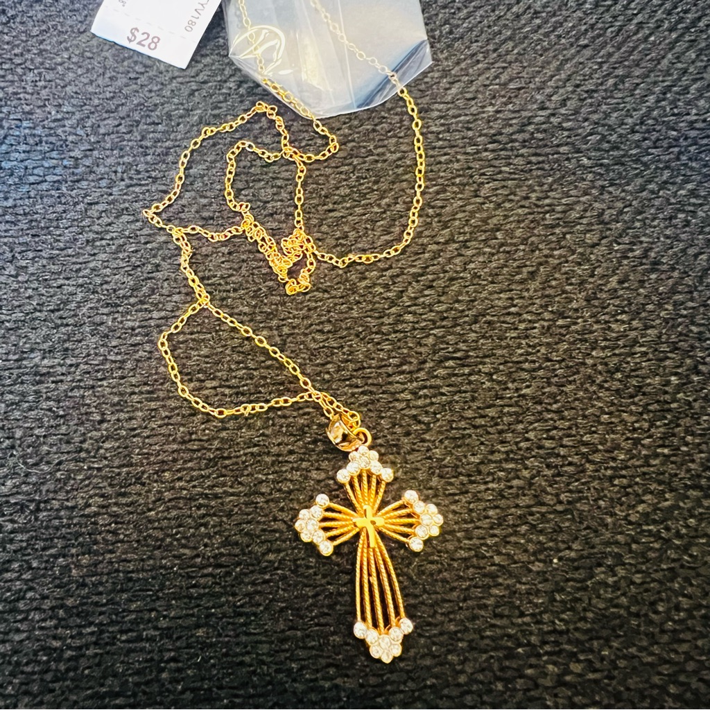 Sterling Silver Gold Plated Cross Pendant Necklace With Crystal Accents